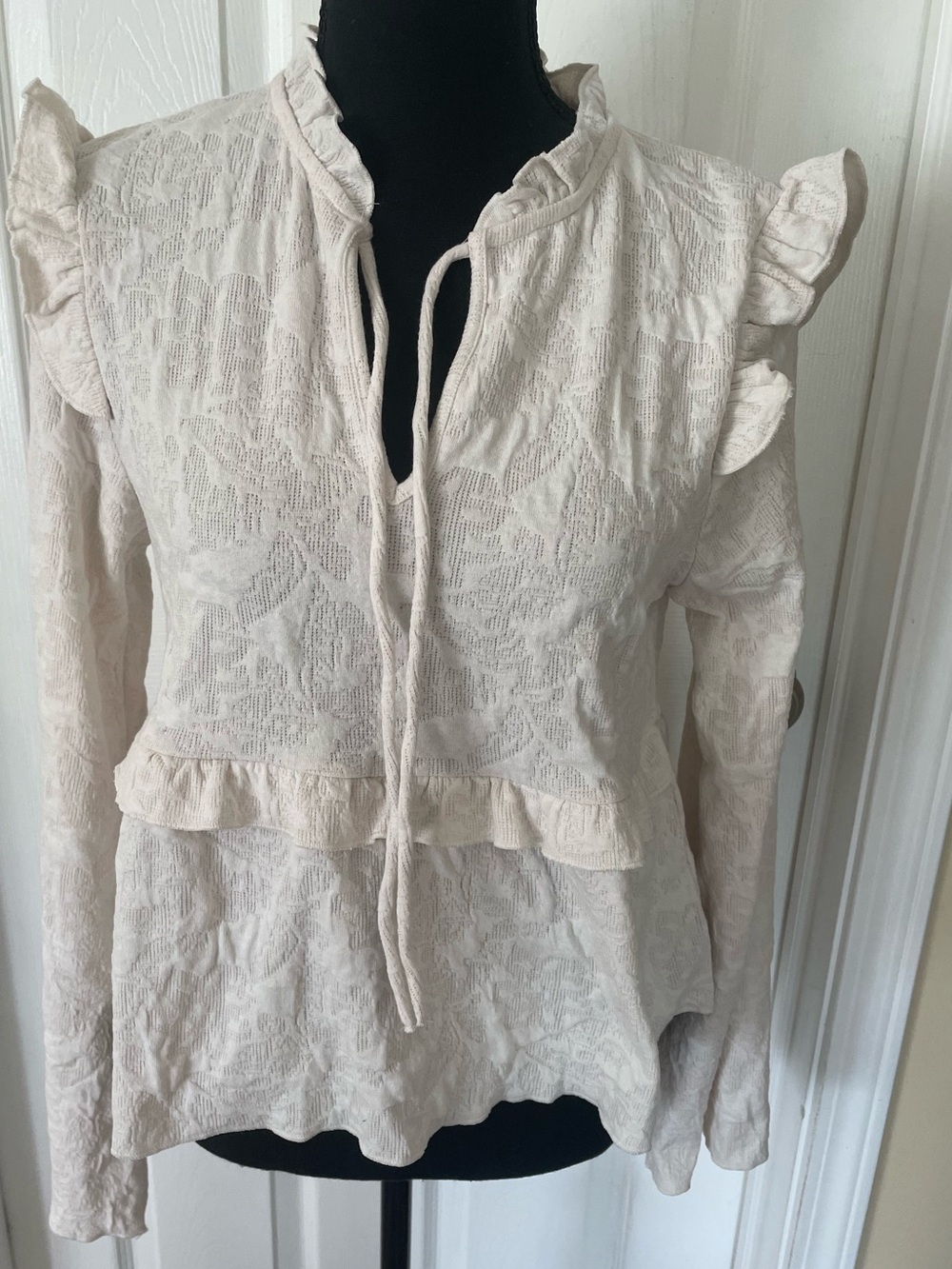 Divided Cream Ruffle Tie-Neck Lace Blouse